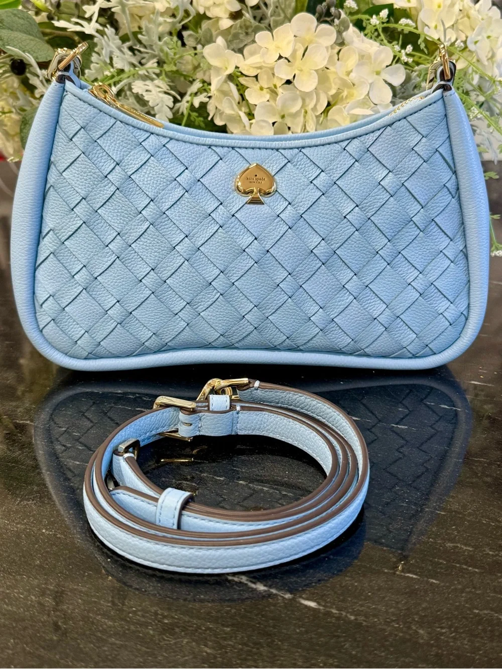 Kate Spade Kayla Woven Leather Small Shoulder Bag Blue NWT Gold Hardware KL026 - Picture 3 of 14